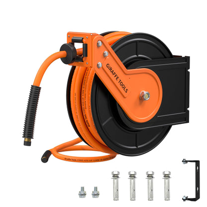 Giraffe Tools TA15BPLUS Retractable Air Hose Reel with Swivel Bracket 3/8" x 50 ft Hybrid Hose, Ceiling/Wall Mounted Heavy Duty Industrial Air Compressor Hose Reel, 300PSI, 50ft