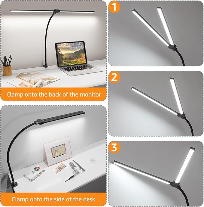 ShineTech Led Desk Lamp for Office Home, Bright Double Head Desk Light with Clamp, Architect Task Lamp 50 Lighting Modes Adjustable Flexible Gooseneck Lamp