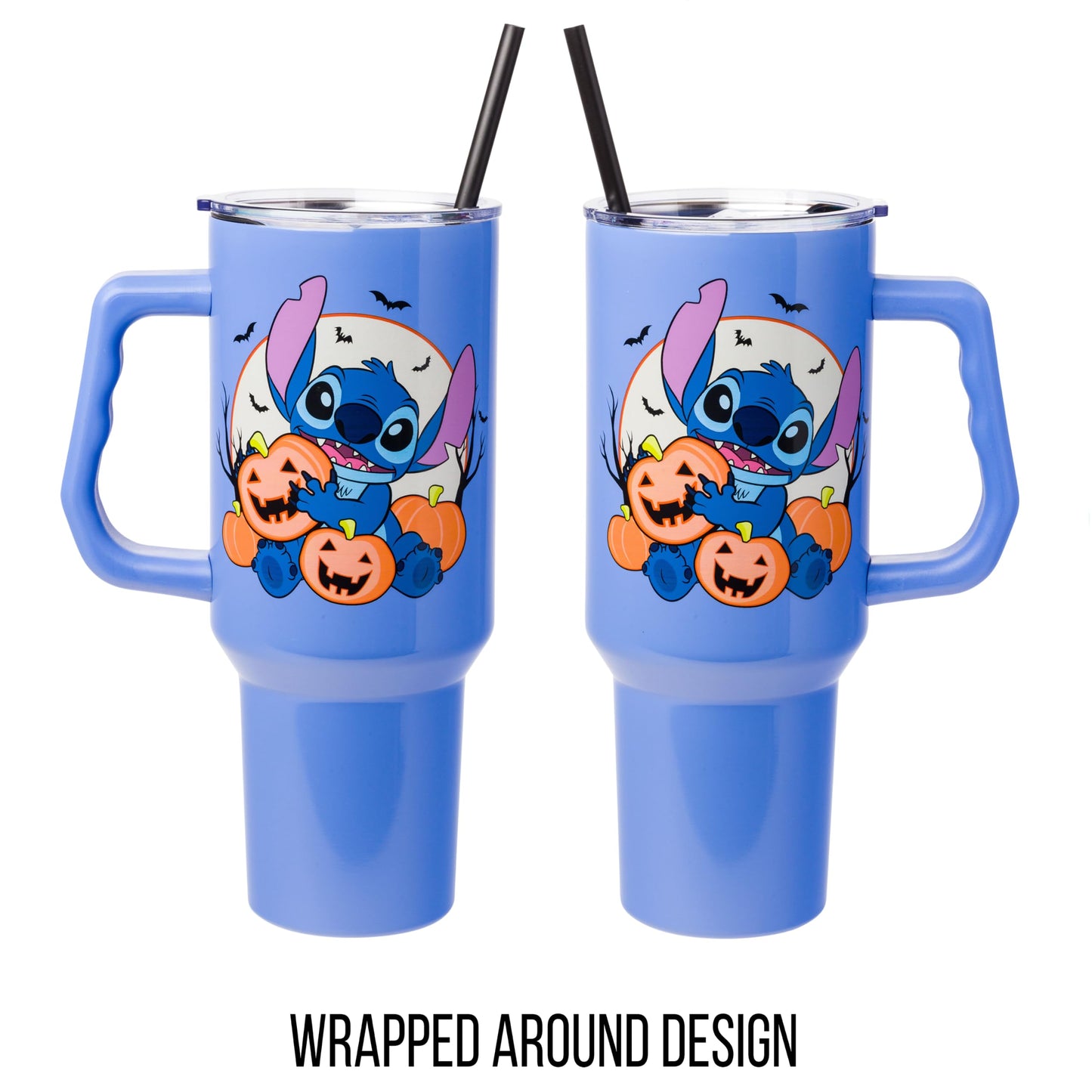 Silver Buffalo Disney Lilo and Stitch Halloween Spooky Pumpkin Jack-O-Lantern Stainless Steel Tumbler with Handle and Straw, Fits in Standard Cup Holder, 40 Ounces
