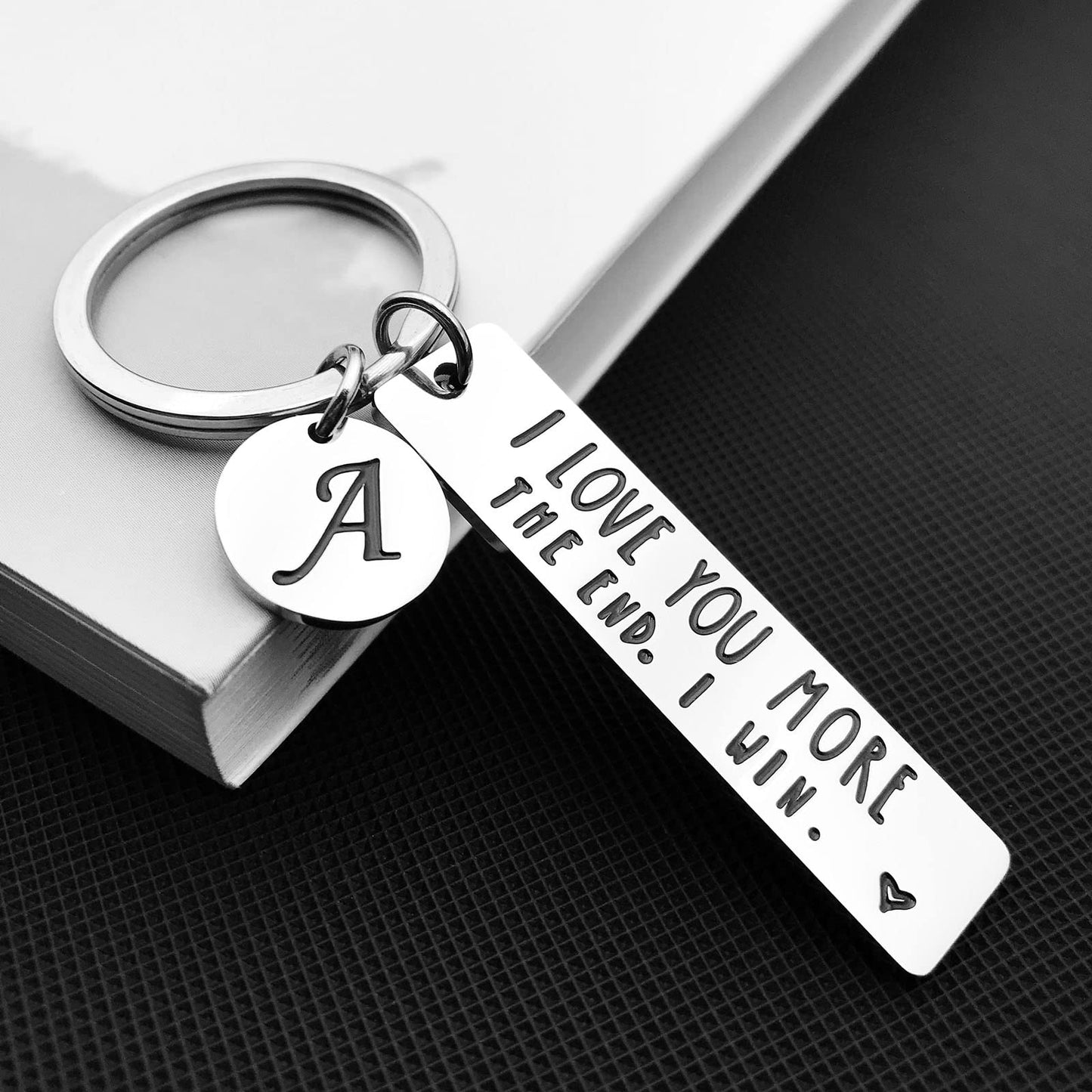 OUMILAN I Love You More The End I Win Keychain with 26 Letters for Boyfriend Girlfriend Couple Bithday Valentines Day Gifts (Letter A)