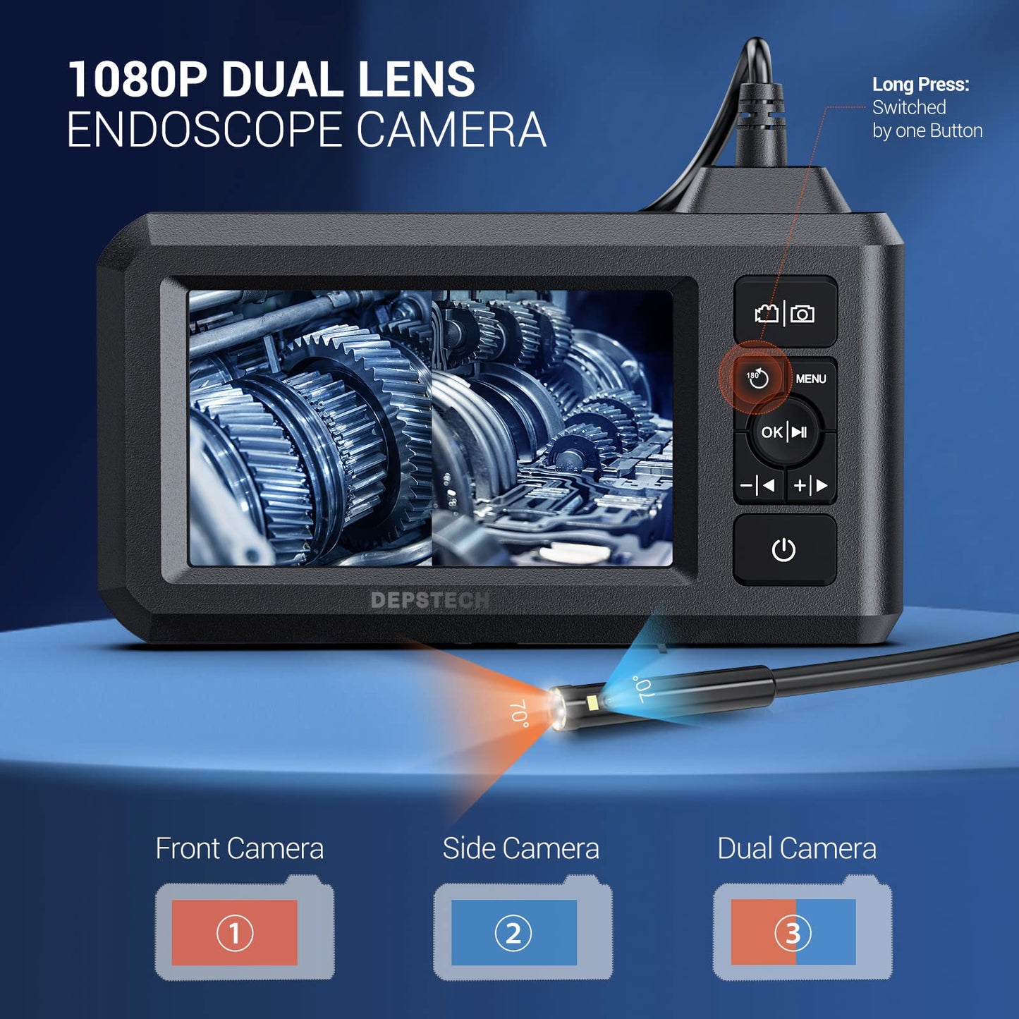 DEPSTECH Dual Lens Industrial Endoscope, 1080P Digital Borescope Inspection Camera, 7.9mm IP67 Waterproof Sewer Camera with 4.3" LCD Screen, 7 LED Lights, 16.5FT Semi-Rigid Cable, 32GB Card-Black