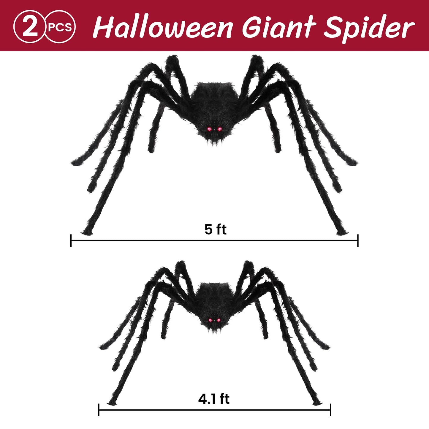 Nirohee 2 Pack Halloween Decorations Outdoor,4.1+5 ft Hairy Giant Spider Halloween Party Decor Large Hairy Spider Scary Fake Large Spiders Props for Yard Decoration Party Decor