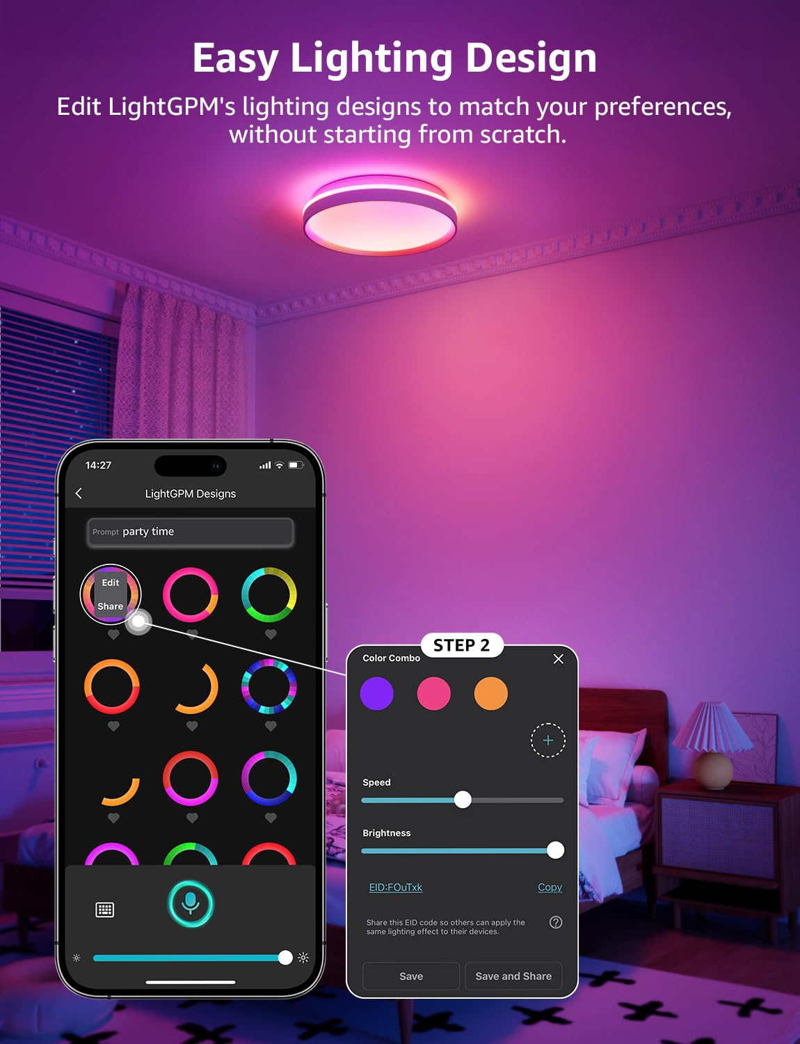 Lepro T1 AI Smart Ceiling Light 24W, Music Sync, Voice Control, AI Lighting Design Assistant, Waterproof Bathroom Light, DIY by Zone, Bluetooth&WiFi, Color Changing, Work with Alexa, Google Home, 29CM