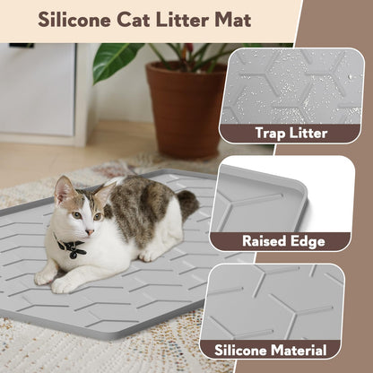 Garoopion Cat Mat for Litter Box, Large 34" X 22" Cat Litter Mat, Waterproof Silicone Pad for Floor, Gray