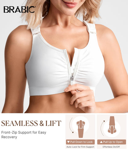 BRABIC Zip Front Closure Everyday Bra for Women Post Surgery Compression Support with Adjustable Straps Wirefree (Medium, White)