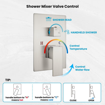 gotonovo Rainfall Bathroom Shower System Rain Shower Head and Handle Set Wall Mounted Shower Complete Combo Solid Brass Pressure Balancing Shower Mixer Valve 12 Inch Brushed Nickel