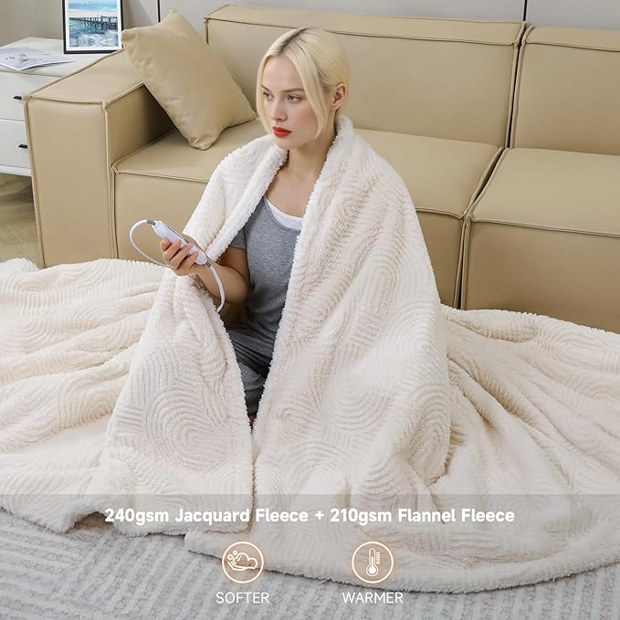 Heated Blanket Twin Size- 62"x84" Cozy Soft Jacquard Heating Blanket with 4 Heat Levels & 4 Hours Auto-Off, Jacquard Fleece, Overheating Protection, Warm Gifts, Cream