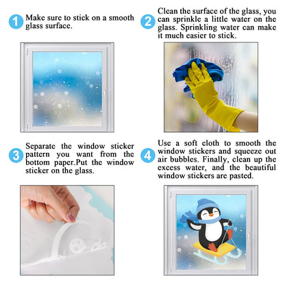 Whaline 6 Sheet Large Winter Window Clings Christmas Snowflake Tree Snowman Penguin Reusable Window Decals for Xmas Party Home Glass Decor (Blue)