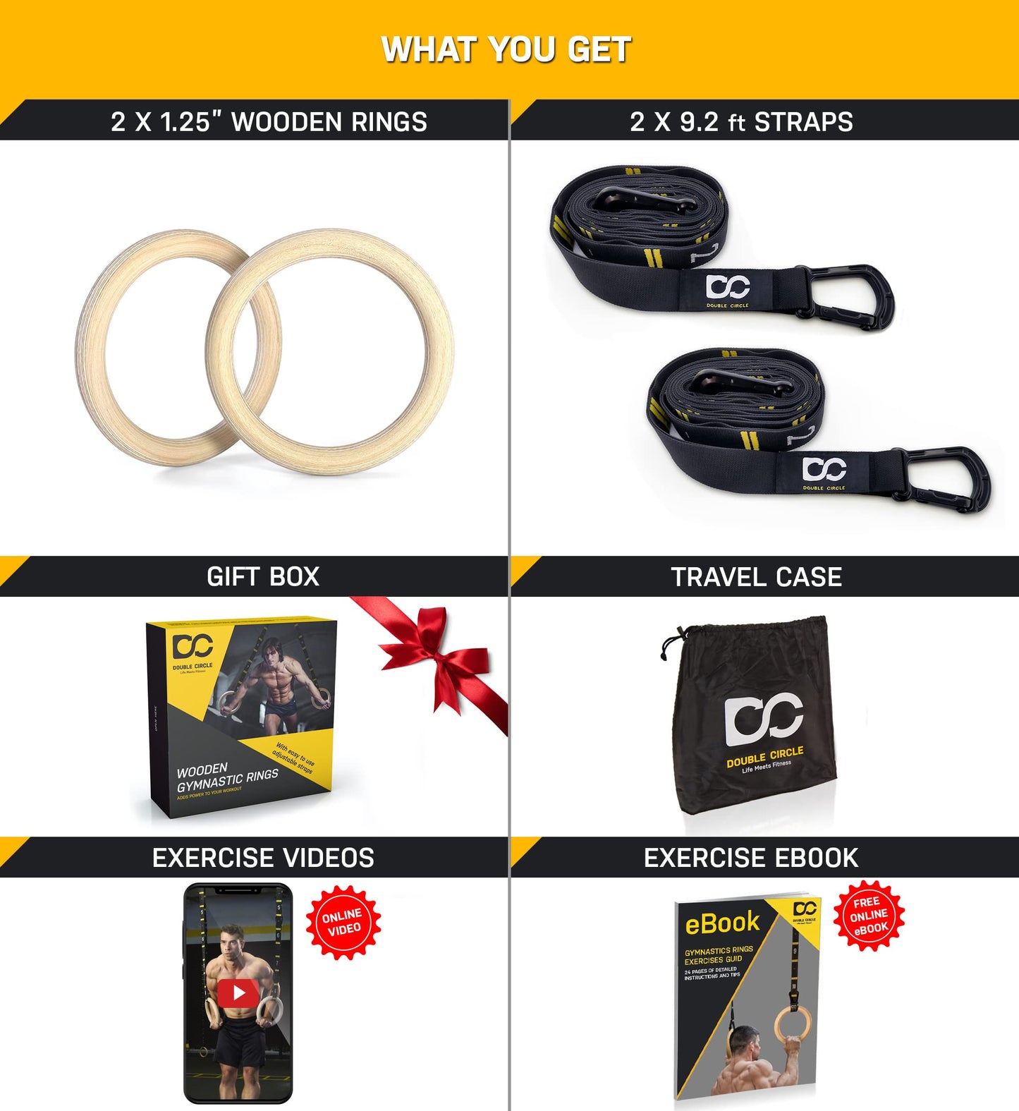 Double Circle Gymnastics Rings with Quick Adjust Numbered Straps and Exercise Videos Guide - Full Body Gym Rings - Calisthenics Rings Wooden Rings 1.25"