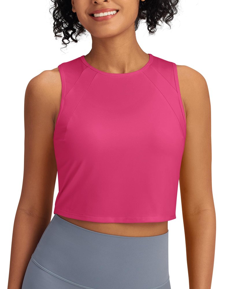 G4Free Crop Tank Top for Women High Neck Workout Tops Athletic Gym Running Shirts Sleeveless Lightweight Cropped Tank (Hot Pink,S)