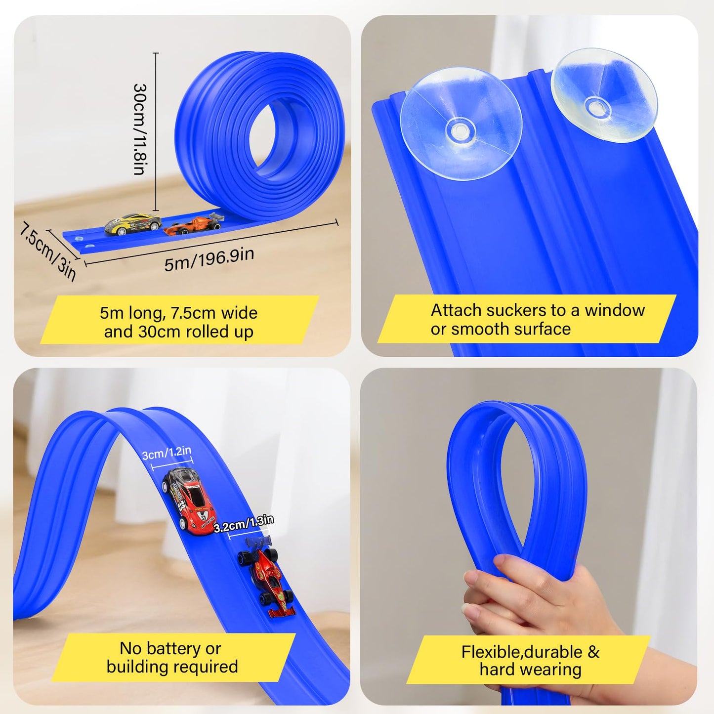 Car Track 5m Includes 4 Cars: KETIEE Flexible Race Track Car Ramp Track Toy Car Race Track Rolls Up Portable Dual Racetrack for Jumps Loops Ramps for 1/64th Cars for Ages 3+, Blue