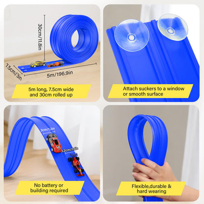 Car Track 5m Includes 4 Cars: KETIEE Flexible Race Track Car Ramp Track Toy Car Race Track Rolls Up Portable Dual Racetrack for Jumps Loops Ramps for 1/64th Cars for Ages 3+, Blue