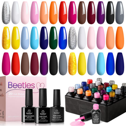 Beetles Cat Eye Gel Polish Set - 24Pcs 20 Colors Glitter Dark Color Changing Gel Nail Polish Kit with Base Gel Glossy Matte Top Coat Soak off UV DIY Nail Art Salon Ombre Black Nails Gift