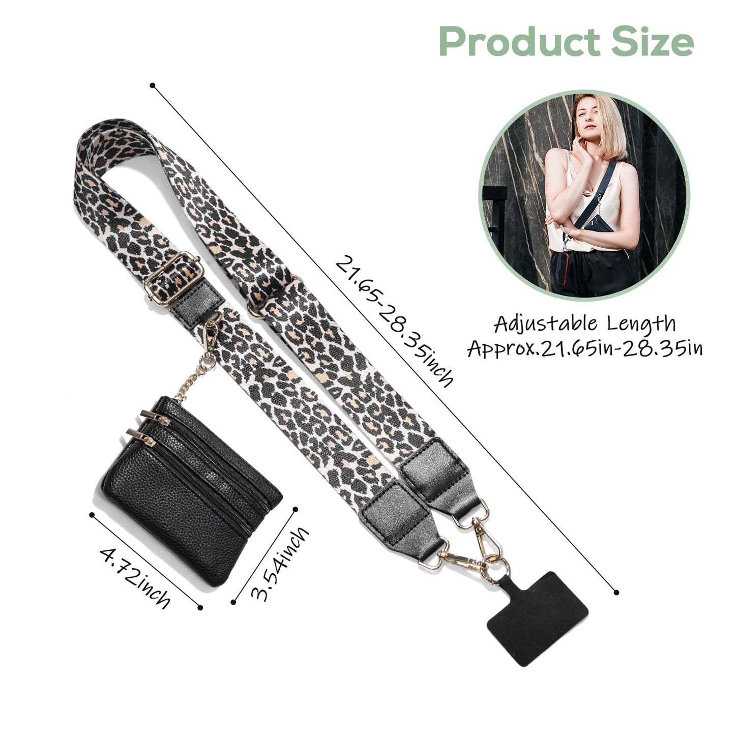 Clip and Go Phone Strap with Wallet Crossbody, Phone Chain Cross Body with Detachable Zippered Pouch, Phone Lanyard with Purse, Adjustable Mobile Strap(Leopard)