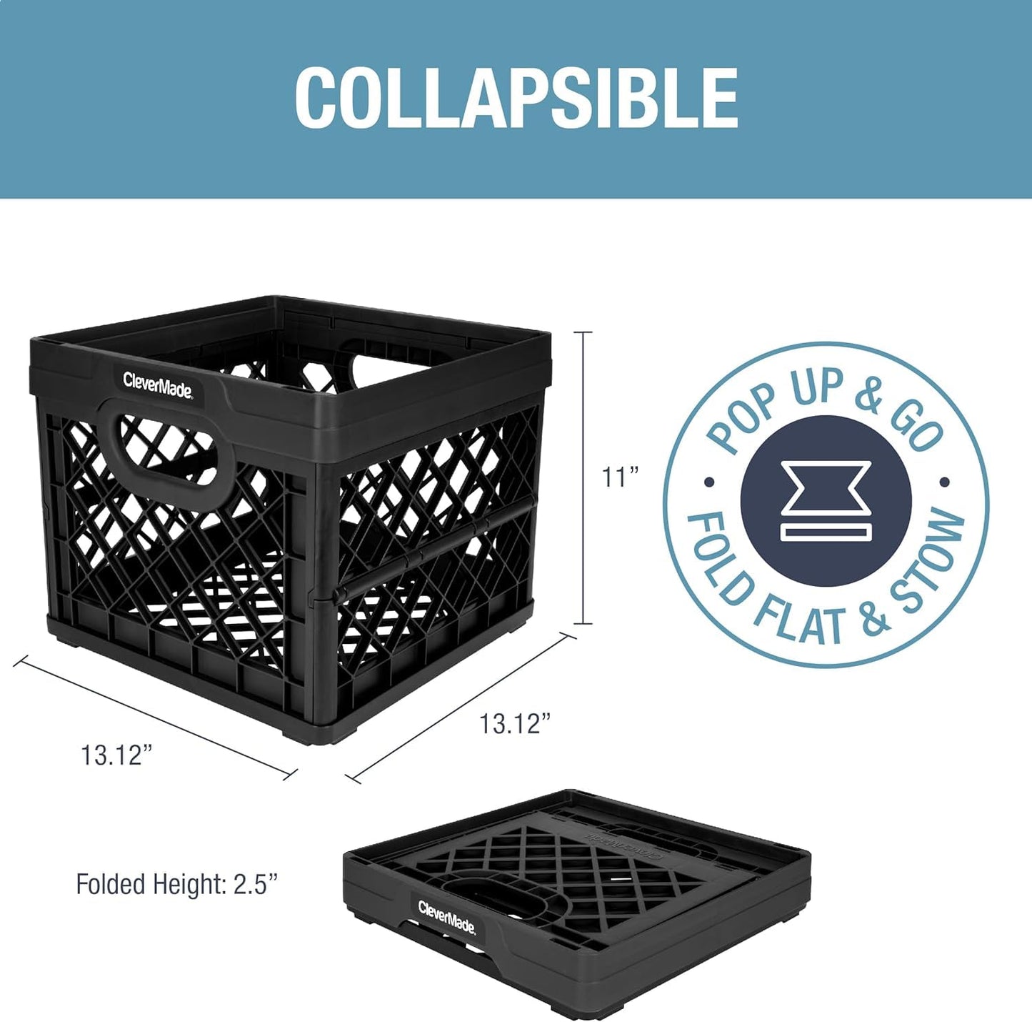 CleverMade Collapsible Milk Crate, Obsidian, 1PK - 25L (6 Gal) Stackable Storage Bins, Holds 50lbs Per Bin - Clevercrates are Heavy Duty, Plastic Collapsible Storage Crate for Multi Purposes