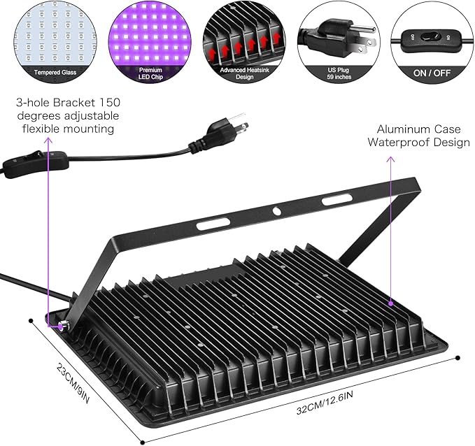 3 Pack 200W LED Flood Black Lights,Outdoor Flood Blacklight Light with Plug, IP66 Waterproof forGlow in The Dark, Dance Party, Stage Lighting, Body Paint, Fluorescent Poster, Neon Glow