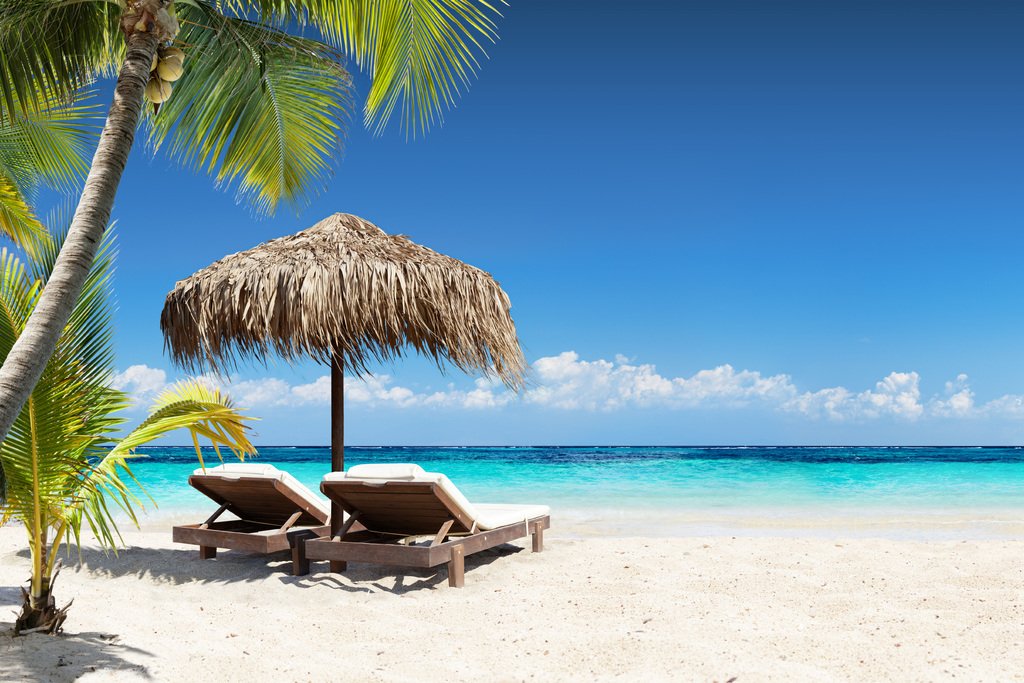 Beach Art Wall Decor Coral Beach Sand Sea Palapa Tropical Palm Tree Photo Sunset Landscape Pictures Ocean Scenic Scenery Nature Photography Paradise Cool Wall Art Print Poster 36x24