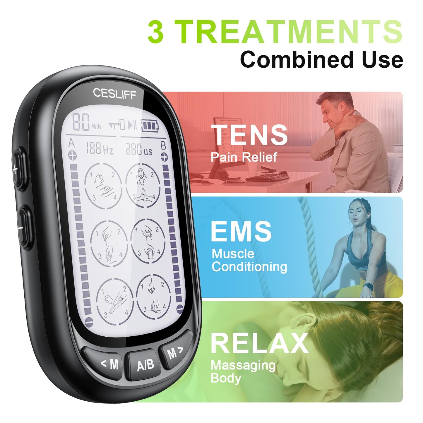 Dual Channel TENS EMS Unit 24 Modes 36 Levels, Upgraded Large Screen Intensity Muscle Stimulator for Back Neck Shoulder Pain Relief, Rechargeable Electric Pulse Massager TENS Machine with 10 Pads
