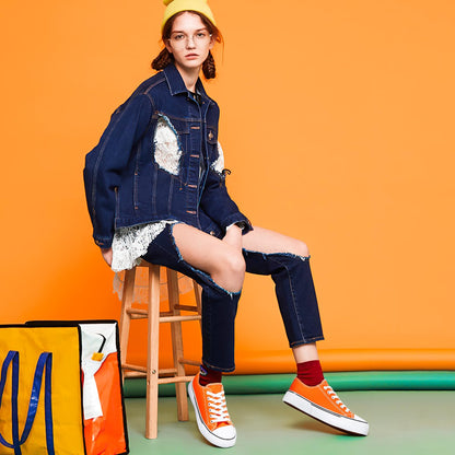 Adokoo Canvas Tennis Shoes for Women Low Top Casual White Black Sneakers for Women Lace Up Fashion Comfortable Walking Shoes (Orange,7)