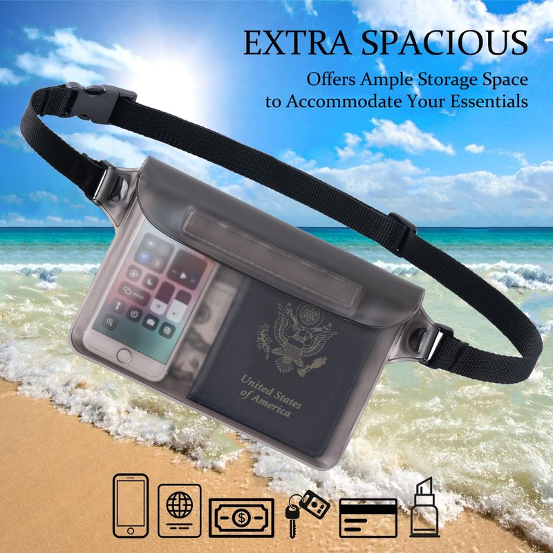 CADONO 2-Pack Waterproof Pouch with Adjustable Waist Strap | Screen Touch Sensitive Dry Bag, Keep Your Phone and Valuables Dry, Perfect for Swimming Kayaking Boating Fishing Beach Diving (Gray+Black)