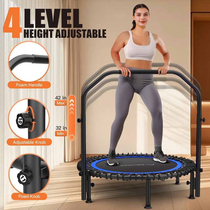 ANCHEER 48" Foldable Rebounder Trampoline for Adults/Kids with Resistance Bands and Bungees, Indoor & Outdoor Mini Trampoline with Bar and Safety Padding - Max Load 450lbs (Blue)