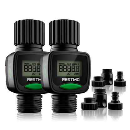 [2 PACK] RESTMO Water Flow Meter, High Measure Accuracy, Measure Gallon/Liter Consumption and Flow Rate for Garden Hose Watering, RV Water Tank Filling, Lawn Sprinkler, Irrigation System