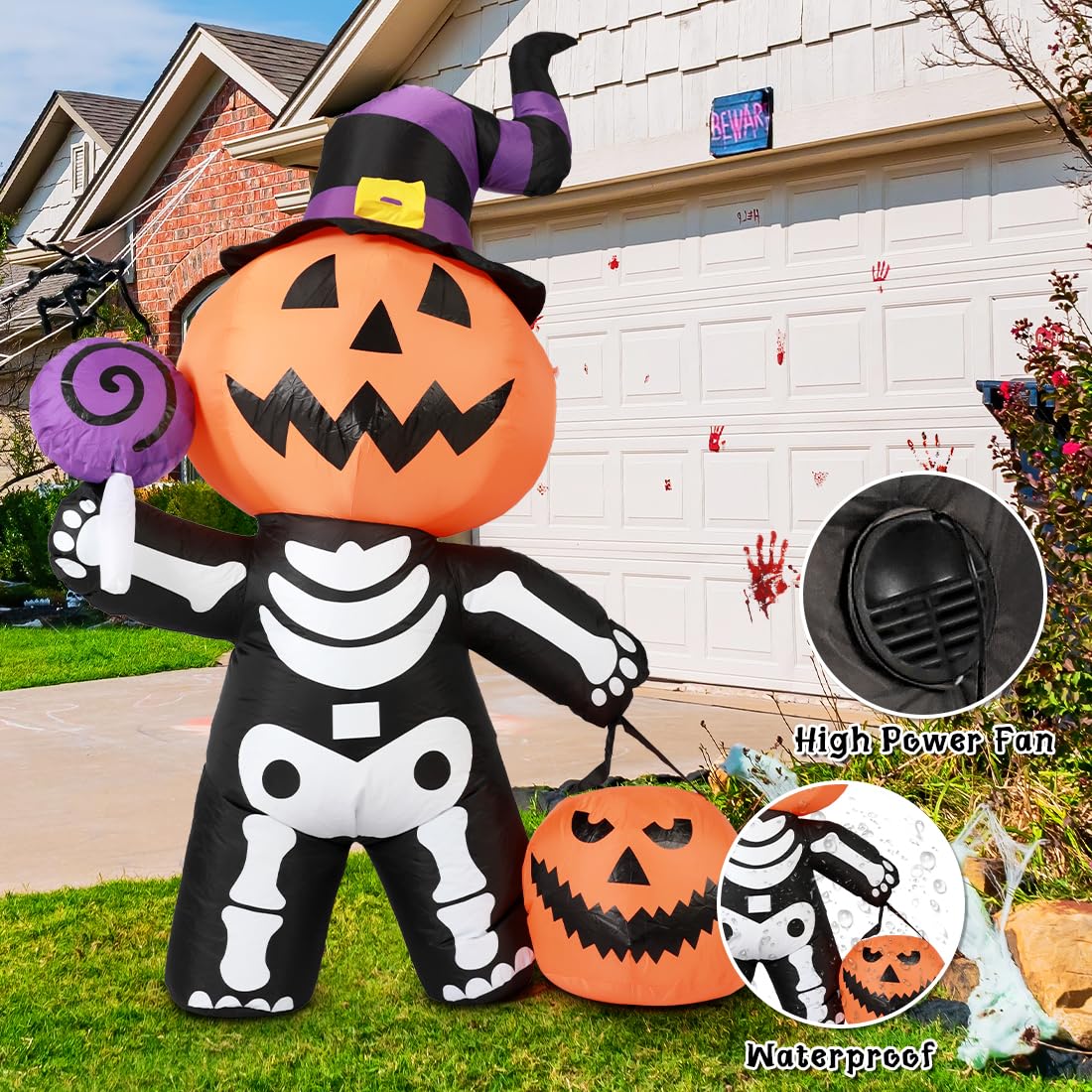 GOOSH 6 FT Halloween Inflatable Pumpkin Skull Body Outdoor Decorations Blow Up Yard Pumpkin with Built-in LEDs for Garden Lawn Party Decor