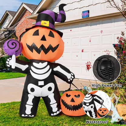 GOOSH 6 FT Halloween Inflatable Pumpkin Skull Body Outdoor Decorations Blow Up Yard Pumpkin with Built-in LEDs for Garden Lawn Party Decor