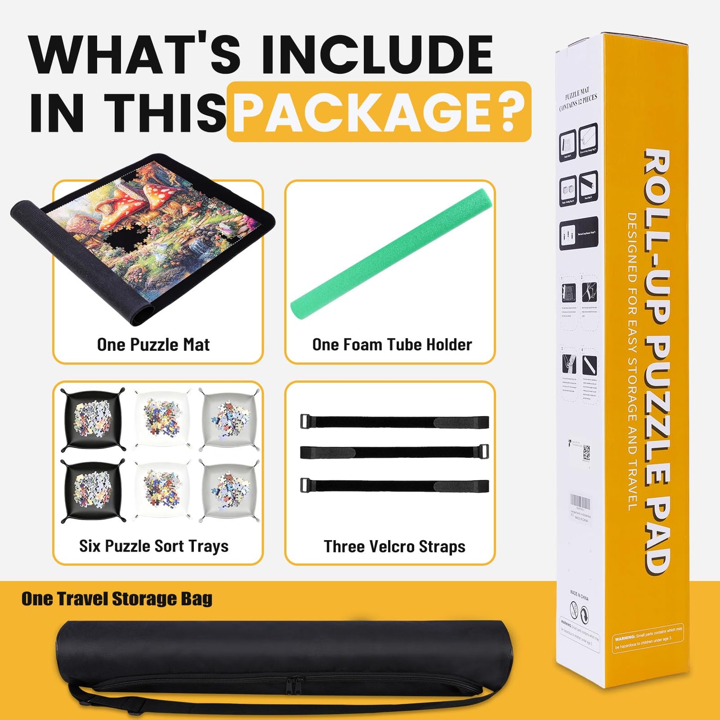 Lwoeo Jigsaw Puzzle Mat Roll Up 1000 Pieces, Smooth Top Saver Pad 34.6" x 22.8" with 6 Sorting Trays & Travel Storage Bag for Sorting Table, Board, Portable Puzzles Matt Rollup Non-Slip Rubber Bottom