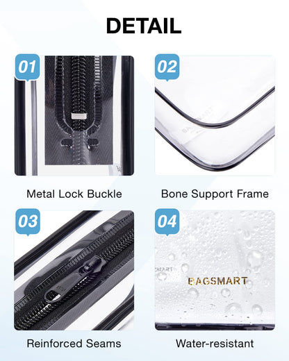 BAGSMART Clear Toiletry Bag, 2 Packs TSA Approved Water resistant Quart Size Travel Organizer, Airport Airline Travel Essential Carry On Makeup Cosmetic Bags for Women, Black