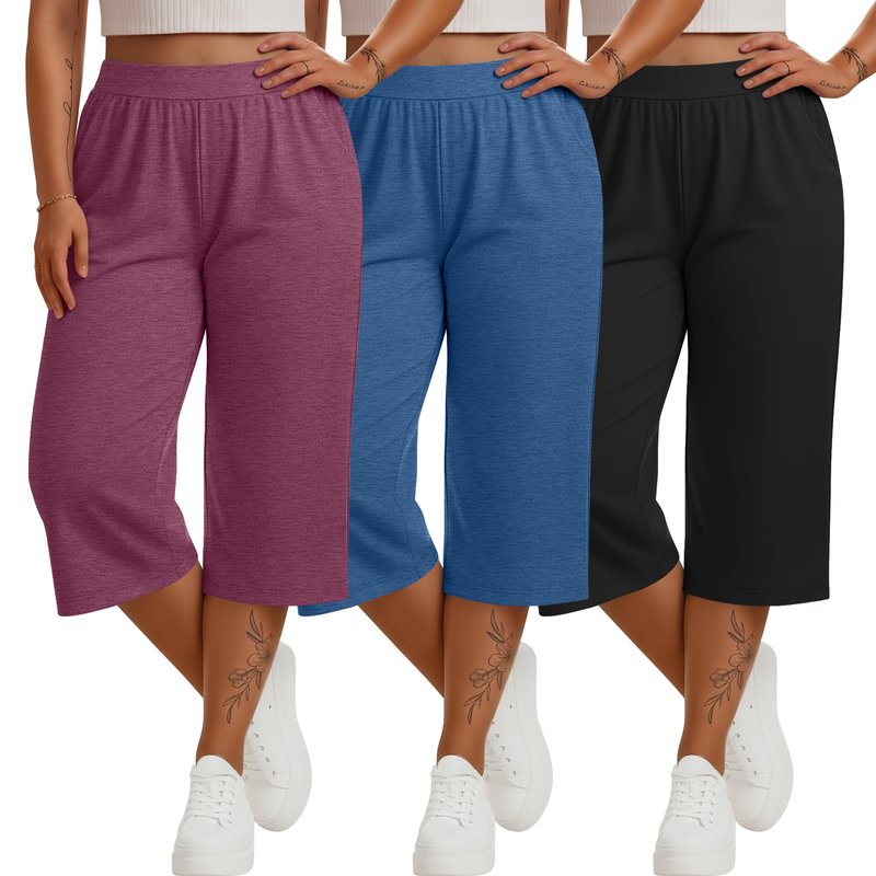 Huukeay 3 Pack Women's Plus Size Capri Pants Loose Fit Wide Leg Capris Sweatpants Summer High Waisted Yoga Pants with Pockets(Black, Blue, Wine Red,4X-Large)