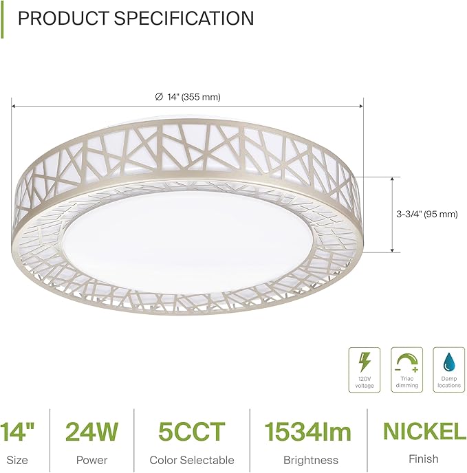 ASD 14 Inch LED Flush Mount Ceiling Light Fixture for Bedroom, 24W 1534LM 5CCT 2700K-5000K, Dimmable Lights, Dining, Living Room, Kitchen Lamps, Modern Home Lighting Fixtures, Nickel, ETL, 4 Pack