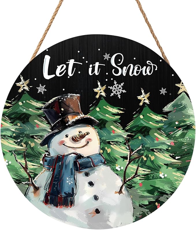 Winter Snowman Sign for Front Door Decor Christmas Snowman Wood Door Hanger for Outdoor Outside Porch Welcome Pine Trees Snowflake Wooden Wreath Winter Xmas Wall Hanging Decoration for Home 12"x12"