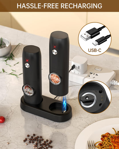 CIRCLE JOY Electric Pepper Grinder Mills, USB Rechargeable Salt and Pepper Set with Charging Base, Ceramic Grind and Adjustable Coarseness, Automatic Grinder for Home, Kitchen