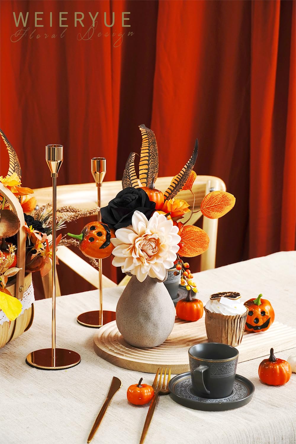 WEIERYUE Halloween Decor Artificial Flowers Black Roses with Pumpkins, Box Set Fake Flowers for, Indoor and Outdoor Front Party Party Decorations (Halloween Pumpkins are Orange and Black)