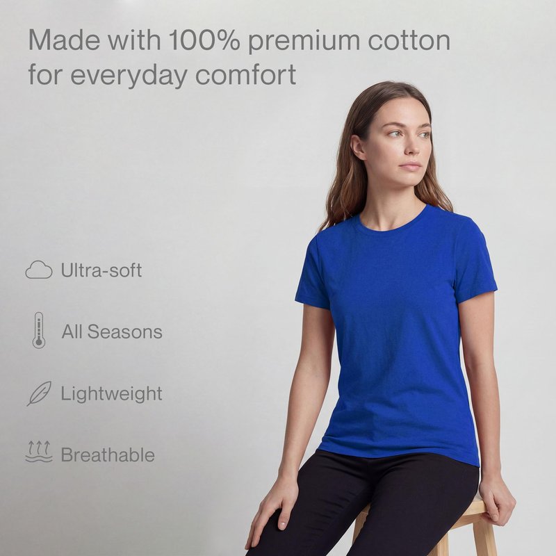 KHOR Womens T-Shirts - Premium 100% Cotton Crew Neck Tee, Classic Tee, Ultra-Soft, Breathable, Everyday Essential, Blue, Small