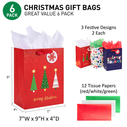 SUNCOLOR Small Christmas Gift Bags with Tissue Paper, 6 Pack Holiday Theme Bags in 3 Festive Designs, 7x9x4 Inches, Red Navy White with 12 Sheets Tissue Paper