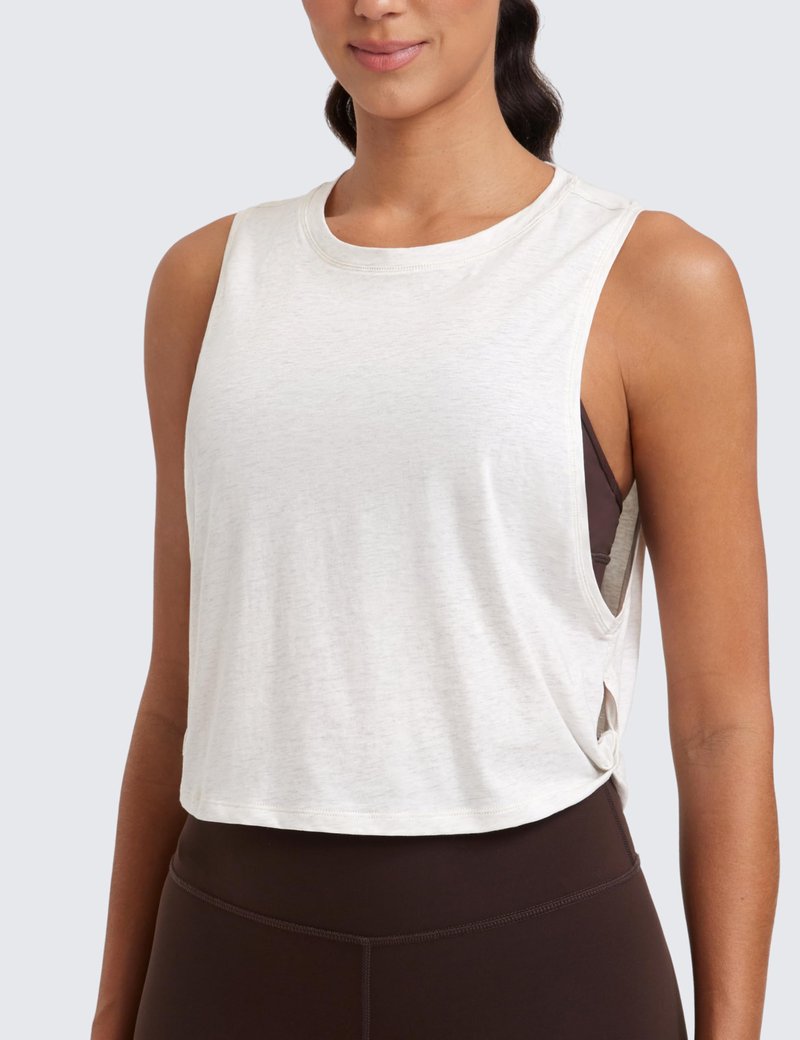 CRZ YOGA Women's Sleeveless Cotton Crop Tank Top for Yoga Gym Running Workout - Deep Armhole Ice Grey/White X-Small