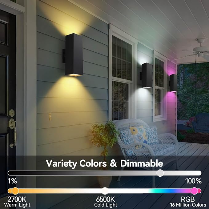 Outdoor Wall Lights, RGBCW Smart Porch Lights Modern Dusk to Dawn Outdoor Light Fixture Color Changing Light with Remote Control, Waterproof Sconce Compatible with Alexa Google Assistant