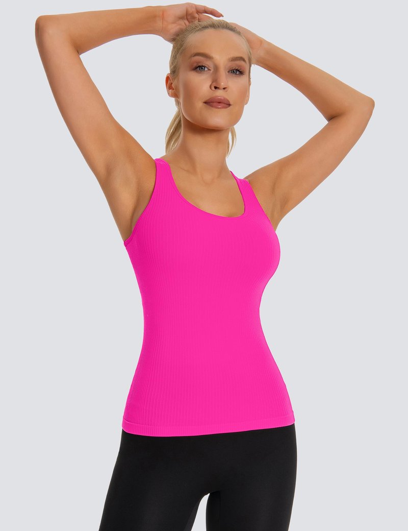 MathCat Seamless Workout Tank Top for Women with Built in Bra, Padded Racerback Ribbed Athletic Yoga Camisole Hot Pink
