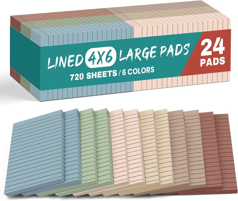 Lined Sticky Notes - 24 Pads, 4x6 Inches, Multi-Color Memo Note Pads | Super Sticking Power for Office & Home