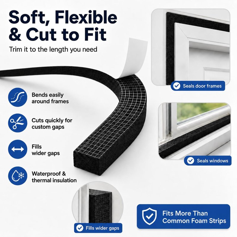 Bantie 33FT EVA Foam Weather Stripping Door Seal, Self-Adhesive Weatherstrip Tape for Door Frame, Window Gaps, Soundproof Insulation