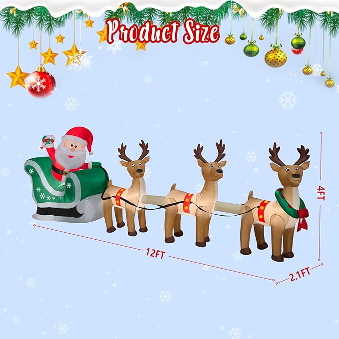 12 FT Christmas Inflatables Santa Sleigh with 3 Reindeer Decorations, Christmas Blow up Santa and Reindeer Inflatable Built-in 8 LEDs for Christmas Inflatable Outdoor Decoration Xmas Party