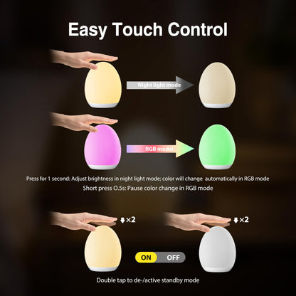 JolyWell Night Light for Kids, Egg Light for Nursery with 7 Changeable RGB Colours & Stepless Dimming, Rechargeable Tap Light with a 1-Hour Timer & Touch Control, Portable Baby Night Light, BPA Free