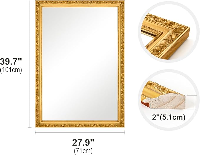 Gold Vintage Mirror, 40'' x 28'' Traditional Antique Wall Mirrors with Ornate Gold Frame, Bathroom Decorative Mirrors for Wall Decor