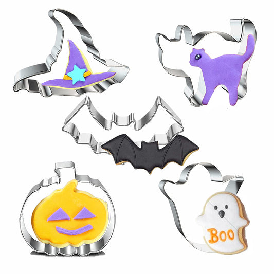 Halloween Cookie Cutters Set- 5 Pieces Stainless Steel Baking Cutter Molds Pumpkin, Ghost, Witch's Hat, Bat, Cat Cookie Cutters Holiday Decorative Party Supplies