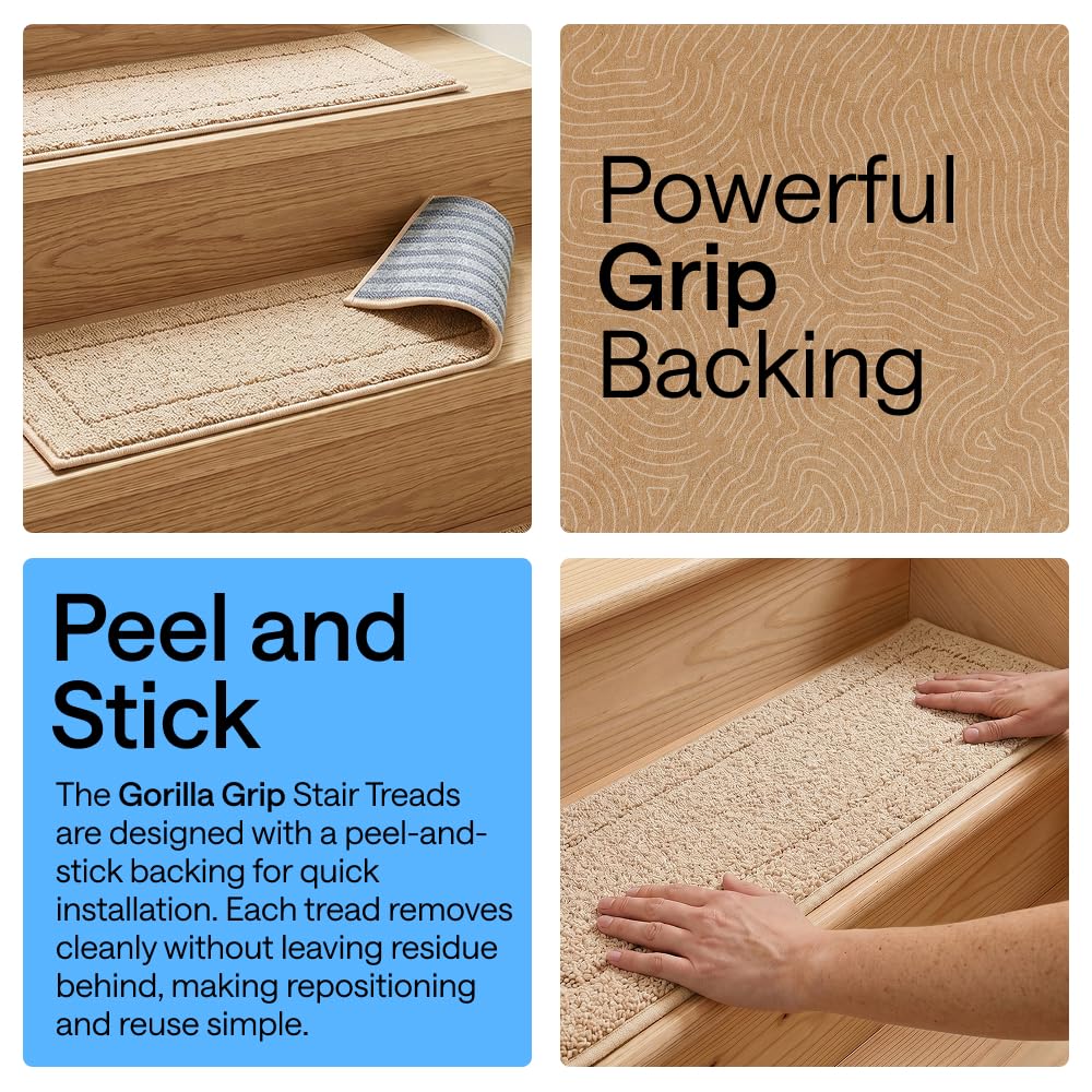 GORILLA GRIP Peel and Stick Stair Treads,15 Pack, for Wooden Steps, Multi-Surface Use, Machine Washable Carpet Runners, Indoor Rugs for Stairs, Pet Friendly, Universal Size,Beige, 8x28 Inches