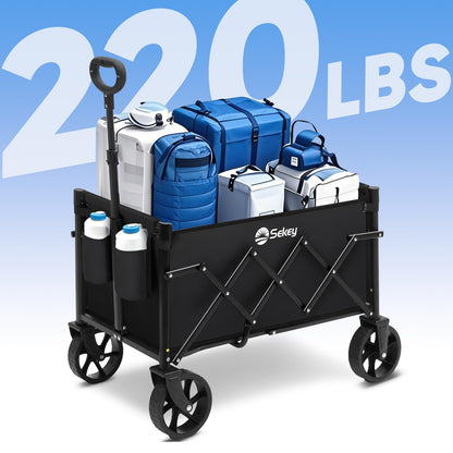 Sekey 220LBS Folding Festival Trolley on Wheels, Heavy Duty Camping trolley with All-Terrain Wheels, Portable Beach wagon, Adjustable Handle, Space-Saving Cart for Shopping Outdoor - Black