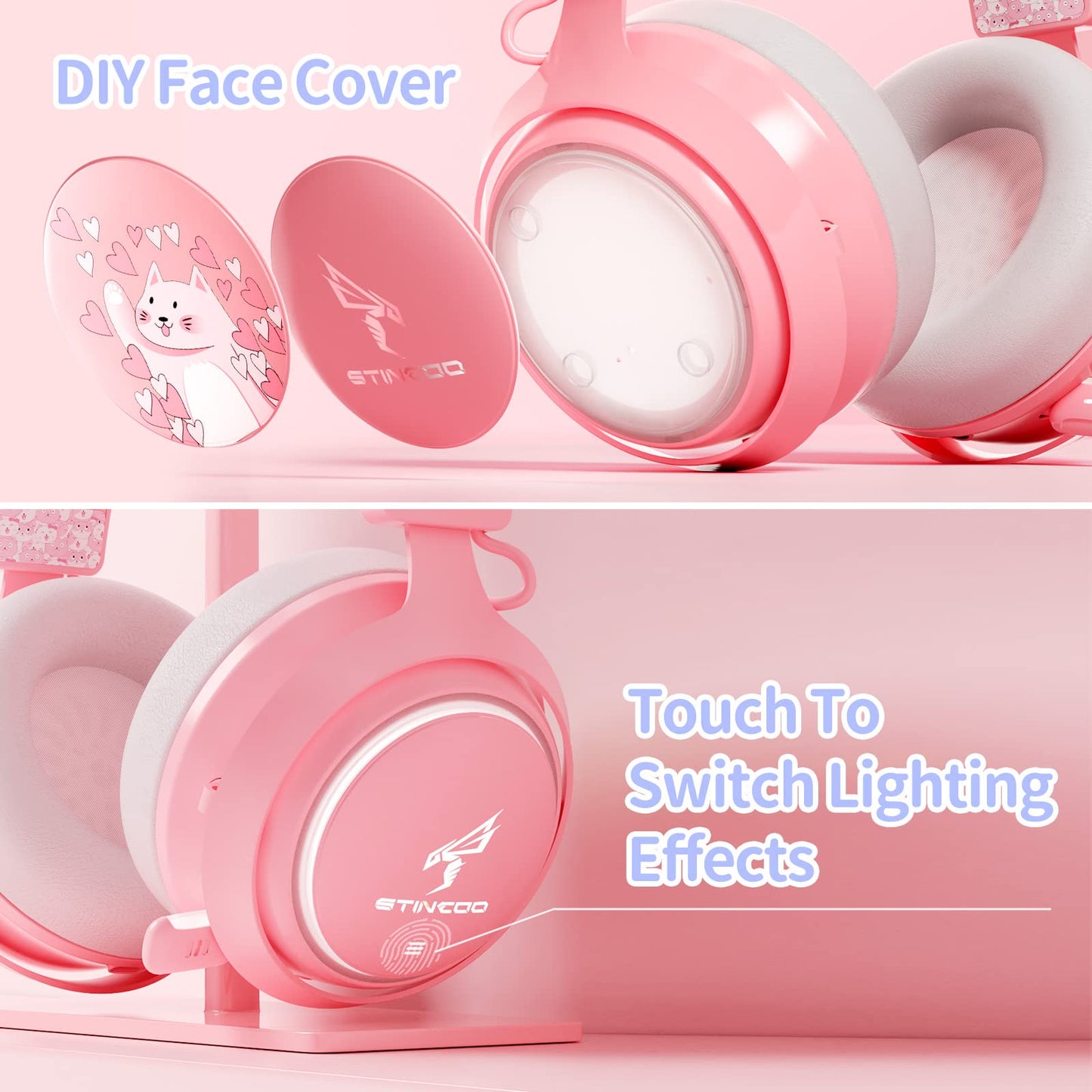 EASARS Pink Gaming Headset GS510, Wired, Over Ear, Cat Ear Design with RGB Lighting, 7.1 Surround Sound, Retractable Mic, Compatible with PC, PS4, PS5