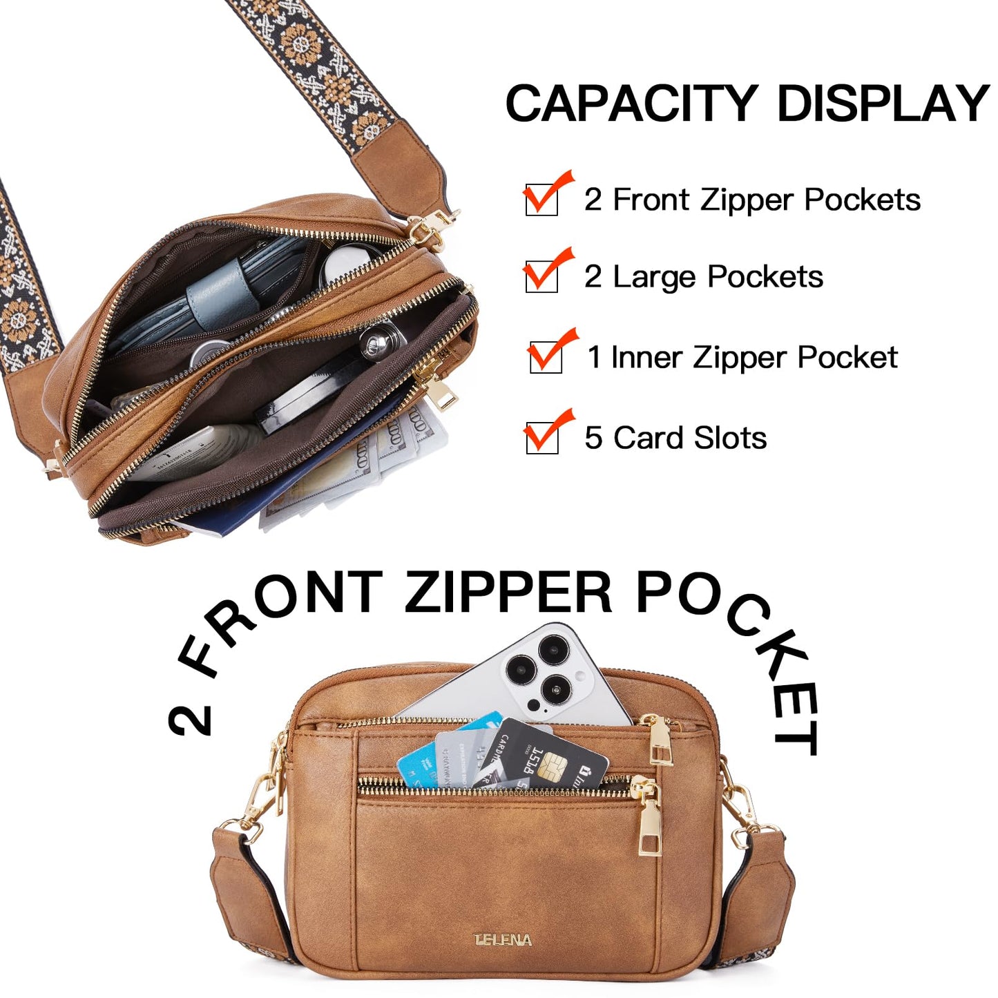 Telena Small Crossbody Bags For Women Vegan Leather Crossbody Purse With Adjustable Wide Strap For Daily Life
